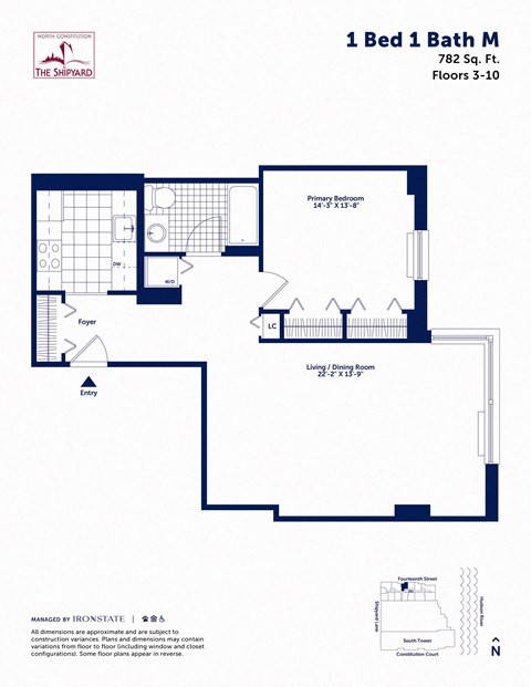 Floor plan for 1 bed, 1 bath, 782 sqft